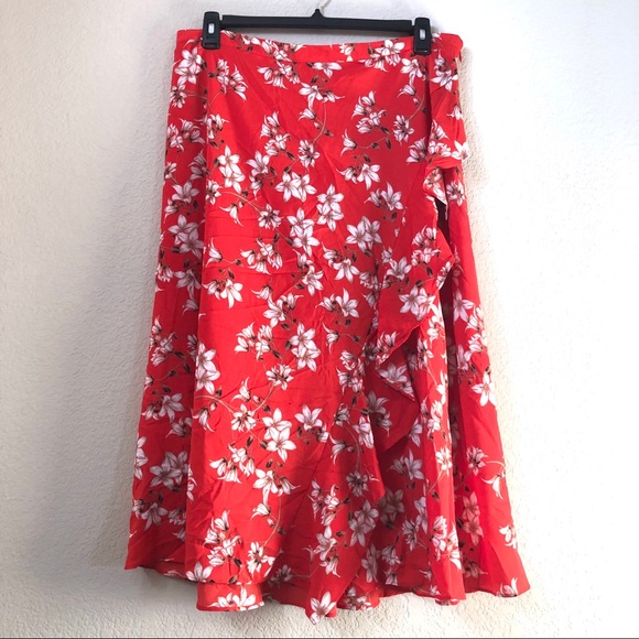 NWT Calvin Klein Ruffle Floral Midi Skirt Red 14 - Picture 4 of 4